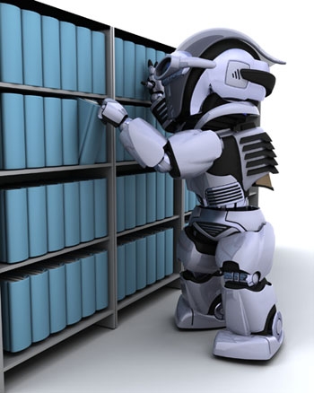 robot looking for books on a shelf